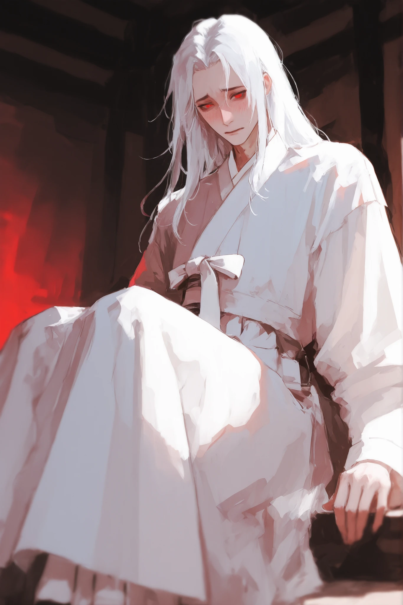 male,  red eyes, white hair,  alone, alone, 1 person,Embarrassed ,  long hair,  white hanbok, Sitting in a hanok