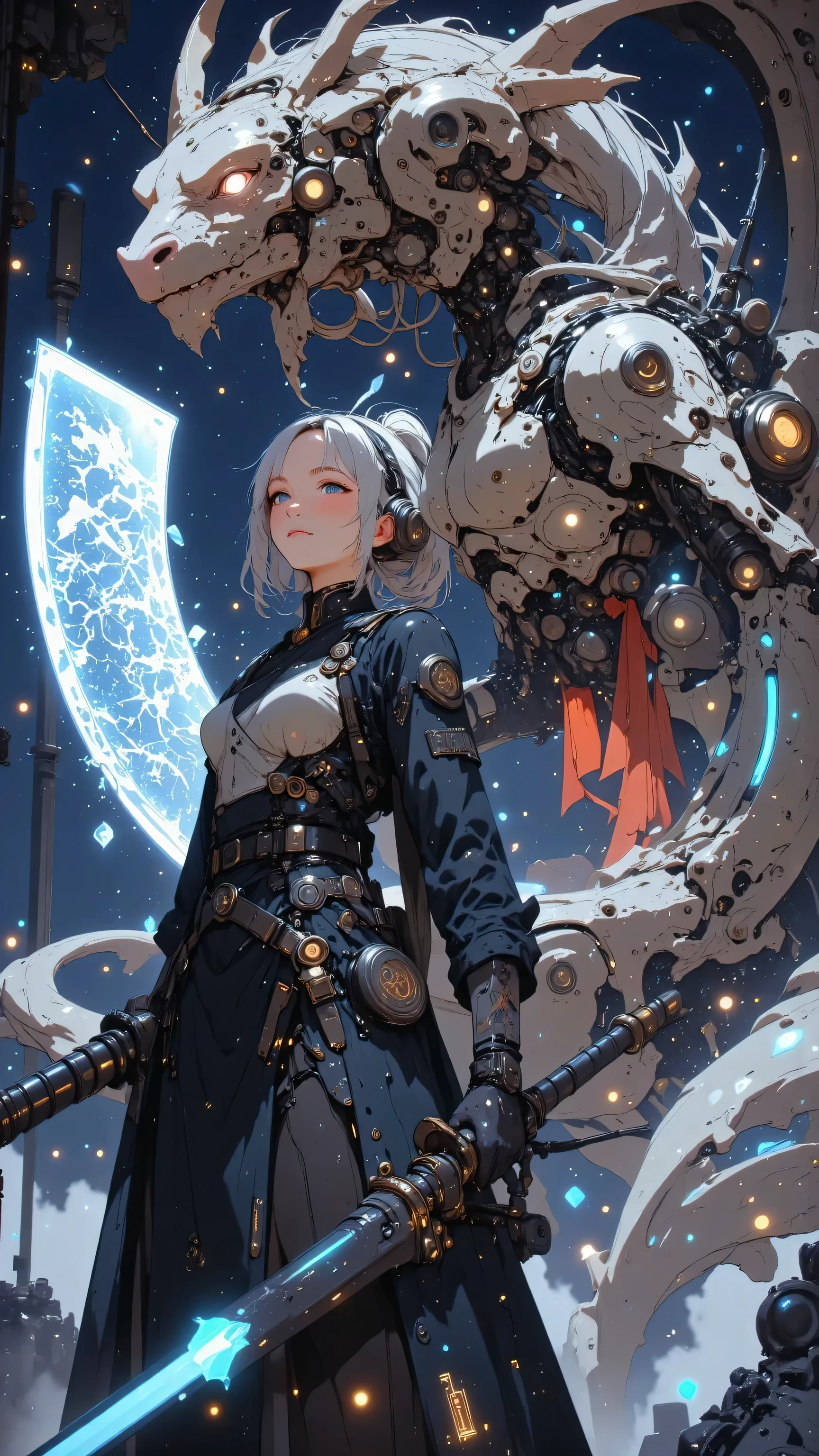 A resolute female cyborg with a mechanical dragon head arm, her expression tense and focused, clutching a giant katana that dominates the composition, its enormous blade intricately etched with glowing cosmic runes that shimmer with a neon blue light, the hilt a fusion of ancient samurai craftsmanship and futuristic tech with glowing energy conduits running through it, casting a faint glow on her surroundings. She holds the katana with a commanding presence, its size and radiance underscoring her readiness for an epic cosmic battle. She is a seamless blend of organic tissue and futuristic machinery, her advanced armor glowing with faint neon accents. In the background, a towering robot stands amidst a swirling nebula of stardust, its mechanical frame adorned with scars from past cosmic wars, surrounded by floating fragments of defeated machines and discarded metal in zero gravity. Dramatic lighting bathes the scene, illuminating glowing petals of spiritual energy that float gracefully, creating a surreal contrast between the tranquil beauty of the cosmos and the robot's unyielding power. In the distance, crystalline ice asteroids shimmer, adding elegance to the scene. The robot's shoulder features a flowing white ponytail and a vibrant red scarf billowing in the vacuum. In the background, a mechanical dragon emerges from interconnected energy shards, its articulated wings inspired by samurai spaceship designs, rendered in stunning 8K resolution with intricate metallic details, stardust, and a starry sky, its glowing aura serving as a protective force.