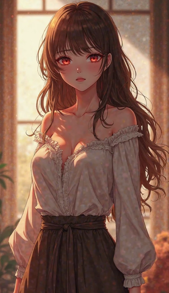 a beautiful women no panties, blushing, no bra, long wavy brown hair, detailed facial features, delicate skin, elegant posture, magical atmosphere, intricate background, soft lighting, cinematic composition, dreamlike ambiance, ethereal quality, muted color palette, chiaroscuro lighting, romantic and alluring