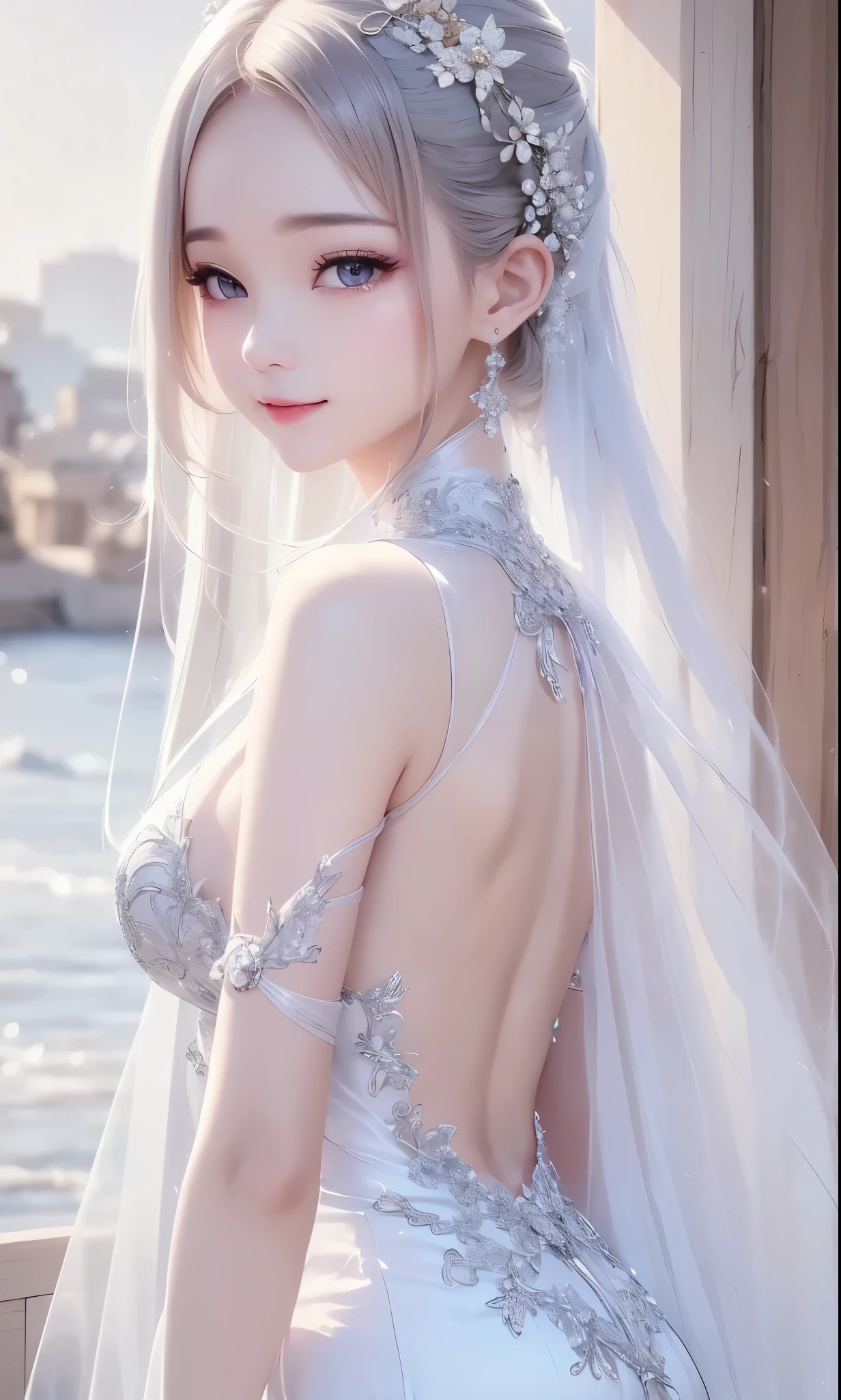 (masterpiece),(4K),High Quality,(small breasts, cleavage),sexy girl、Sexy Saint , Long Silver Hair ,pale skin,smile, beautifully detailed grey eyes, ( high-definition and elegant ),( white cape let fashion), Magical Color and Atmosphere, detailed skin from sleeve to chest,(Cute sparkle), light particles, The background is softly blurry ,Add a dramatic and iconic element to your scene, description boundary depth, Bokeh, Silky to the touch , see-through silk, soft, lightweight garment、beautiful and neat face、see-through 、 hyper details,creates a dreamy and elegant atmosphere, from side, jinhsi