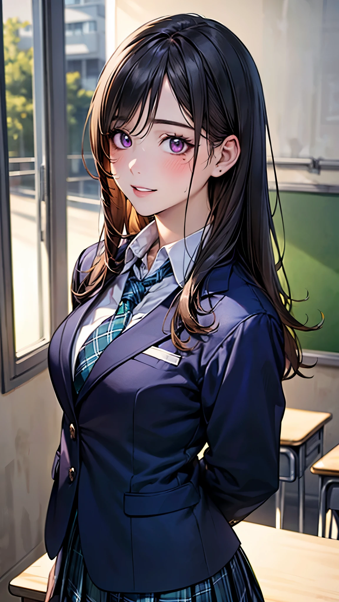 (masterpiece:1.3, top-quality, ultra high res, ultra detailed), (realistic, photorealistic:1.3), beautiful illustration, perfect lighting, natural lighting, colorful, depth of fields, 2025s, ,
beautiful detailed hair, beautiful detailed face, beautiful detailed eyes, (perfect anatomy, anatomically correct, super detailed skin), pink skin, shiny skin,
looking at viewer, (face focus, upper body), 1 girl, high school girl, cute and symmetrical face, perfect face, perfect eyes, perfect body, babyface, cute face:1.2, tiny,
(long hair, straight hair, long sidelocks, black hair, crossed bangs), purple eyes, drooping eyes, big eyes, long eye lasher, (medium breasts, narrow west, seductive thighs), skin dentation,
(detailed cloth texture), break ((school uniform, dark blue plaid pleated skirt, long sleeve, dark blue blazer)), break ((dark green plaid tie)), break (white collared shirt), break cardigan, break
(beautiful scenery), summer, evening, detailed background, (school classroom:1.5), standing, (arms behind back), (lovely smile, shy, blush, parted lips),