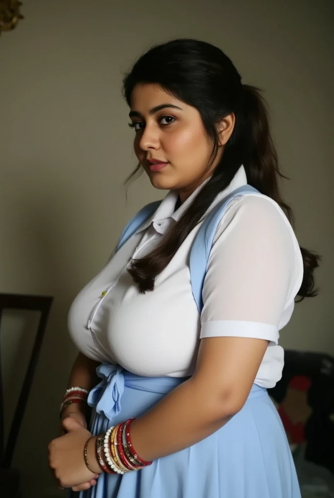 Indian milf in 20s, huge tits, massive cleage, wearing school uniform shirt, mini skirt, bare thicc thighs, tired expreesion
