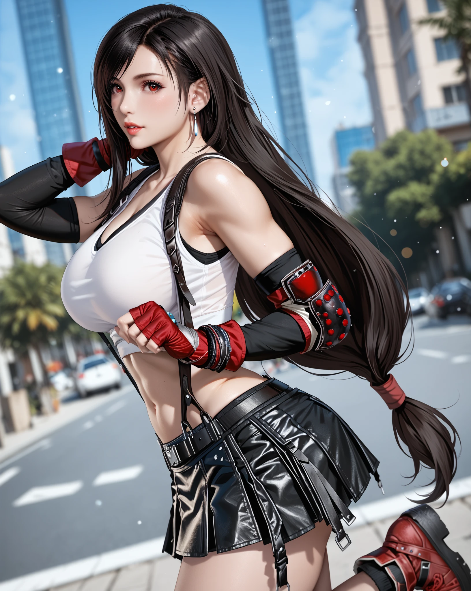 1woman, big breasts, big butt, thick thighs, wearing red suit combat armor , wearing black sword, wearing beige uniform pants, wearing black leather shoes, black hair with brown tips, deep blue eyes, grinning, standing,