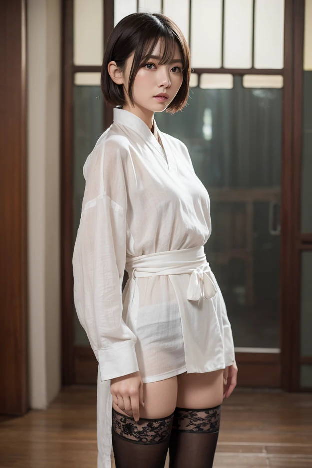 a girl with messy short red hair, red eyes, wears long sleeves white haori, red kimono top underneath white haori, black knee-length pants in anime artsyle