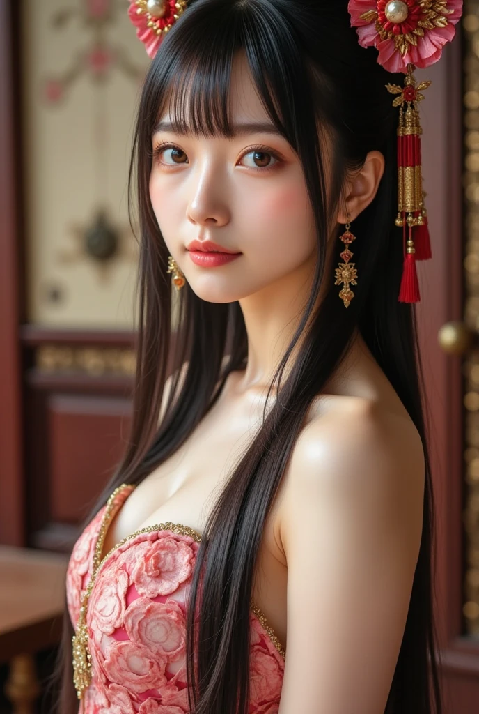 sexy chinese girl in traditional hanfu, babe, model, very sexy, naughty girl, dark background, cleavage