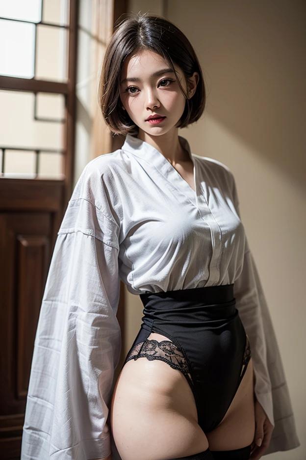Pure young Japanese girl, wearing dark color classical suits and skirts, (lace panty), (stockings), vivid makeup, natural black hair styles, sitting in antique gothic style rooms, sweet smile, secret temptations, professional portrait photography,