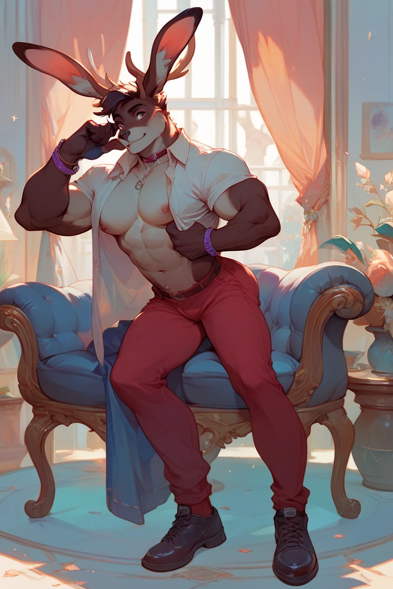 adult male, panther caroso, solo, sitting in an armchair with crossed legs, nude, naked, smirk, smug, seductive, holding rose,