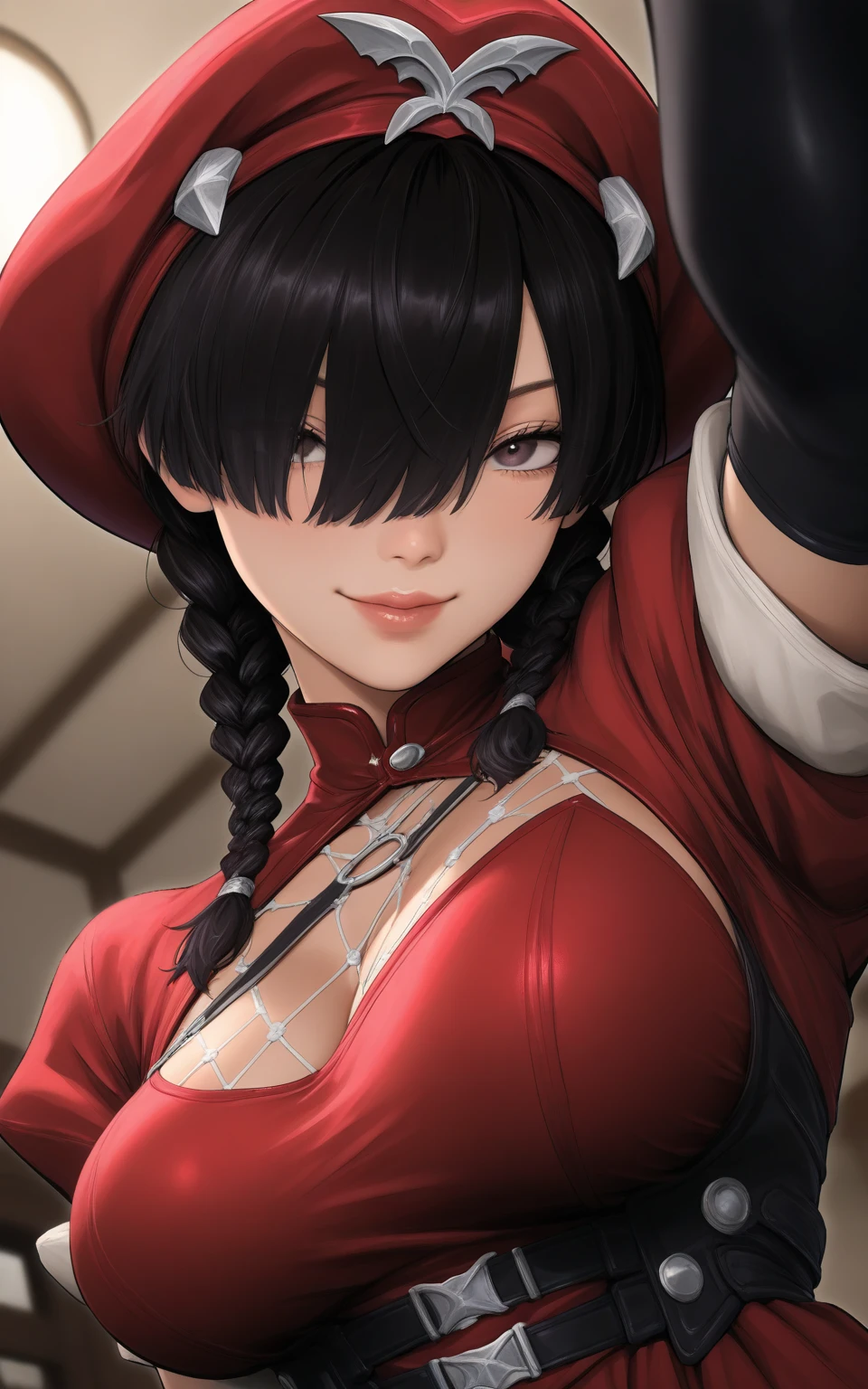 Simple White background, Bow ribbon_Necklace,clavicle, long_sleeve, Open_clothing, Open_jacket, Red_jacket, White_shirt, Bangs, Black_Eye, Black_hair, blunt_Bangs,long_hair,Single Braid, 1 girl, 20 years old,infp young woman,beautiful Finger,beautiful long legs,beautiful body, beautiful nose,beautiful character design, 完美的Eye, 完美Face蛋,富有表现力的Eye,Perfect balance, Looking at the audience,(把注意力集中在她的Face上),Shut up, (Innocent_Large target_Eye:1.0),(Light_Smile:1.0), Official Art,the Extremely Detailed CG Unity 8K Wallpapers, Perfect 灯Light,colorful, bright_front_Face_灯Light,White skin, (On the table:1.0),(the best_quality:1.0), 超high resolution,4K,Extremely detailed, photography, 8K, nffsw, high resolution, :1.2, Kodak Portra 400, Film Grain, Blurred background, Bokeh:1.2, 镜头Light晕, (Energetic_color:1.2),专业photography, (beautiful,Large target_breast:1.4),(((丰满柔软的breast,)))(((巨Large targetbreast))) (((Cleavage))) (beautiful_Face:1.5),(narrow_waist),