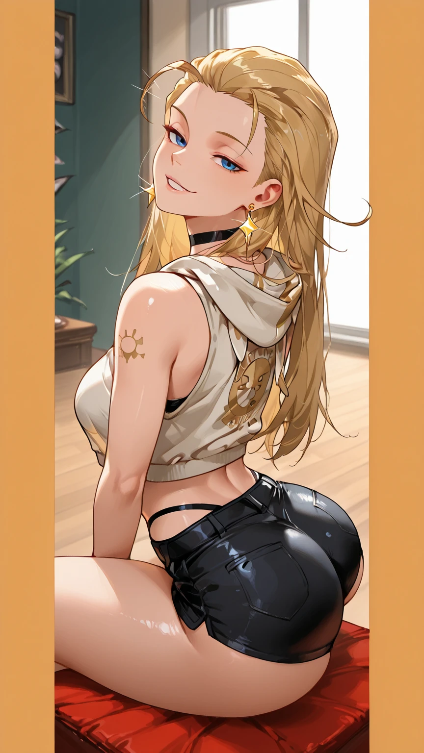 Very detailed、Highest quality、Best image quality、masterpiece、8K pixels、Anime Face、A kind smile、Open Mouth、Blonde curly hair、(((Rear View)))、Cowboy Shot、Wear a thong、(Big eyes)、(Beautiful and shining eyes)、(Detailed anime eyes)、(Puffy eyes)、