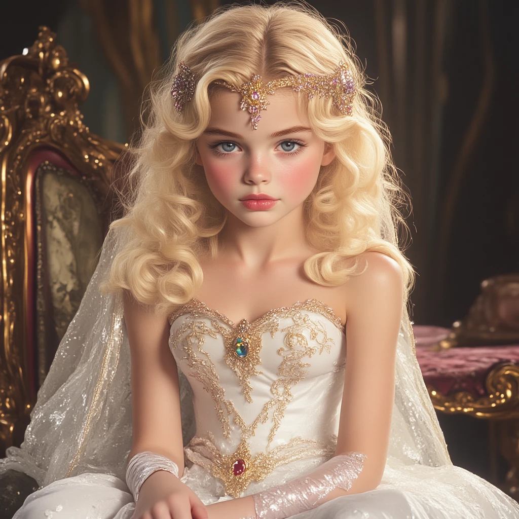 White Blonde hair, fluffy hair, stylish hair, long hair, lilac eyes, perfect eyes, beautiful, perfect face, tween, dainty , short, kind, curvy, a flowing pale airy gown with ruffles along the bottom with tiny pink flowers and gold dragon embroideries with flowers, Her tiara had a pretty teal gemstones, silver necklace, noble class, royal, royalty, red castle, feasting hall, medieval, elegant surroundings, soft dewy makeup look, light peach blush, soft tan eyeshadow, light coral lipstick, cutesy, girlish, girly, guileless, ingénue, princess , whimsical lighting, Targaryen, dragons in the sky, photorealistic