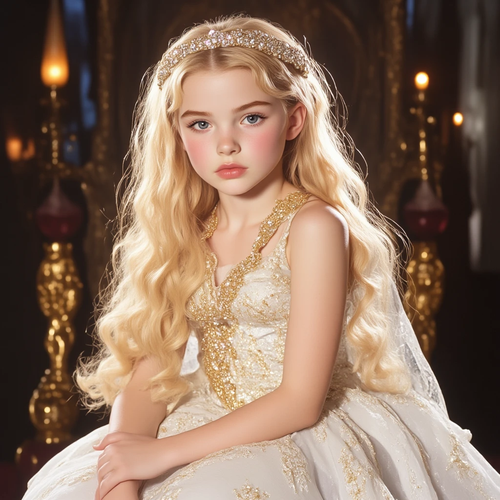 beautiful little medieval russian princess girl 9 year old, long blonde wavy hair, transparent white dress