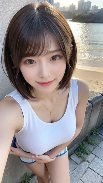 masutepiece, Best Quality, Photorealsitic, finely detail, hight resolution, 8K Wallpapers, Perfect dynamic composition, Beautiful detailed eyes, Medium Hair, Brown Hair Bob、large full breasts,Lower breast random sexy pose,Bring your chest together、(Very Small Size Mock Neck Crop Tank Top White Knitwear)、(Breast bulge 1.2)、A smile、open open mouth、Resort scenery、23years old、(Drooping eyes 1.4)、 Beauty、japanes