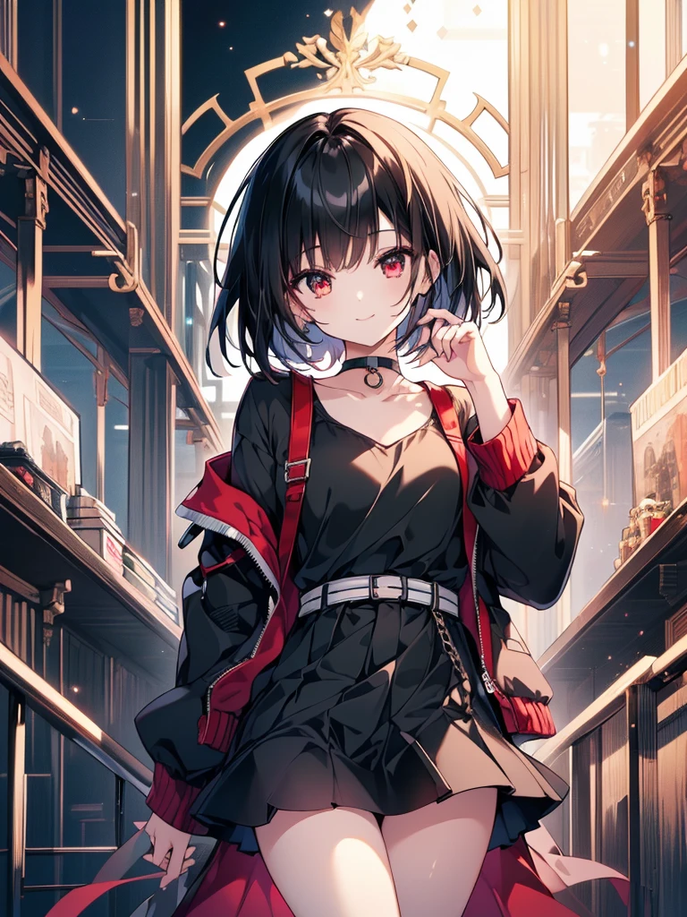 (masterpiece, highest quality, highest quality, (No text), Beautiful and aesthetic:1.2),No text,アニメ、 BREAK,One Girl，Short black hair　Beautiful eyes　Red eyes　smile　cute　Black jacket　mini skirt　whole body　night