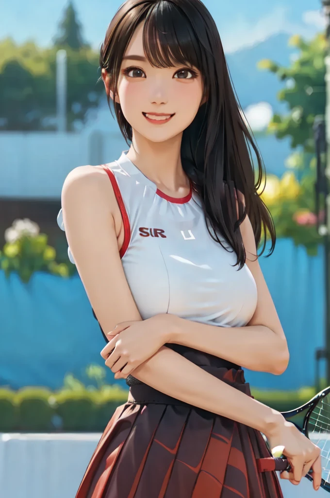 (highest quality,masterpiece:1.3,Ultra-high resolution),(Very detailed、Caustics) (Realistic:1.4, RAW shooting、)Ultra-Realistic Capture、Very detailed、Natural skin texture、masterpiece、(Japanese woman wearing a red satin tank top and leather skirt:1.3), Adorable expression、Expressions of happiness、14 years old、height: 160cm、Young Face、Amazingly cute、Twin tails、Straight hair、Scrunchie、Black Hair、light makeup、necklace、H-cup busty、Shining thighs、Skin Arm、Background details、smile、An inviting gaze、Anatomically correct、Cowboy Shot、Attention to detail、Photographed on the main street of a summer resort、Empty Hands、No underwear、