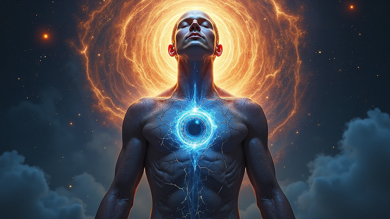 a man sitting in a lotus position with a glowing fire on his chest, with glowing runes on the body, elemental guardian of life, emanating with blue aura, aura of power. detailed, emanating and flowing energy, glowing from within, djinn human hybrid, radiating a glowing aura, iridescence water elemental, flowing energy, ajna chakra