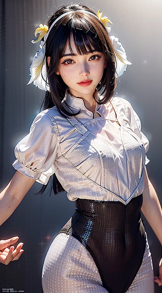 tmasterpiece，best qualtiy，A high resolution，（Fidelity：1.4），Chinese beautiful woman，thigh gap，nedium breasts，black lence stockings，1 girl in the cabin of the plane，long whitr hair，（solo person：1.1），（Slit skirt curtain:1.5),(Häkerneck T-shirt),stewardess,White and blue cheongsam,cropped shoulders,gloves on the elbow,(looking at viewert:1.2),(ssmile:1.2),(full bodyesbian:1.),, middlebreast, (PureErosFace_V1:0.5)，Aircraft seats，Complicated details，shadowing，standing on your feet，composition