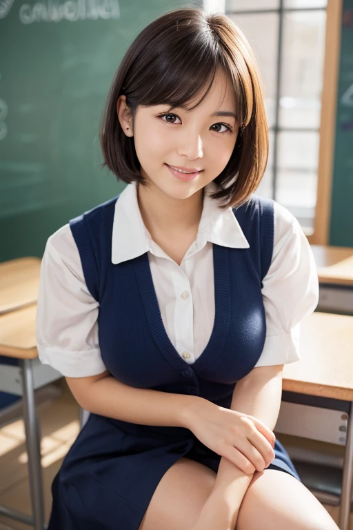 8k,best quality, masterpiece, ultra detailed, ultra high res, photorealistic, raw photo, absurdres, absolutely resolution, 1girl, full body, looking at viewer,a Japanese young pretty woman, hyper cute face, glamorous figure, large breasts,long bob hair,smile,(school uniform:1.3),beautiful eyes, ,windy, (I'm sitting in a chair in a classroom:1.3),glossy lips, double eyelids in both eyes, natural makeup, long eyelashes, shiny smooth light brown long bob hair, asymmetrical bangs, shiny skin, central image, high resolution, high detailing, detailed hairstyle, detailed face, spectacular movie lighting, octane rendering, vibrant, hyper realistic, perfect limbs, perfect anatomy