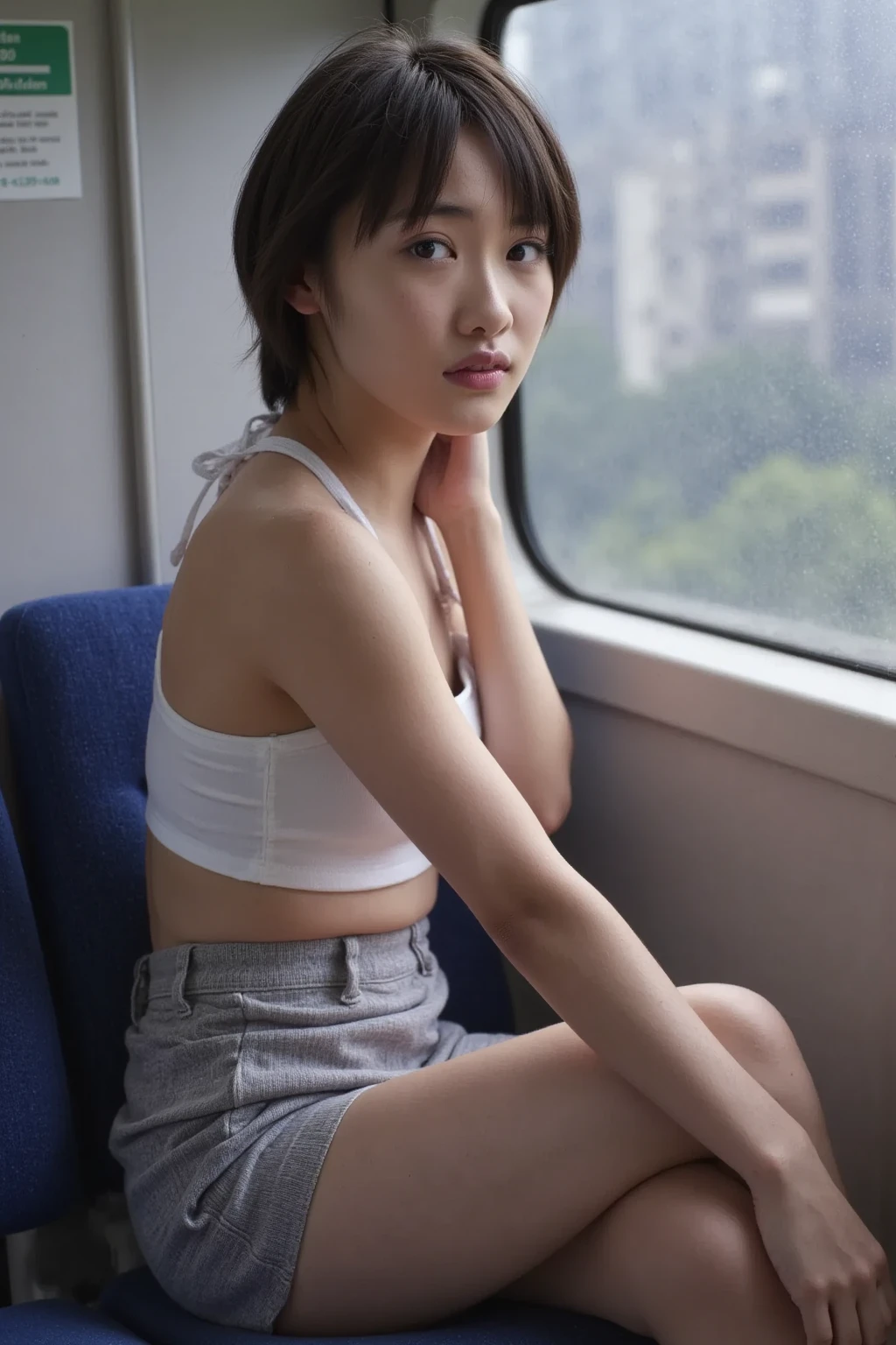 raw photo, side view, inside train, sitting, pale skin, delicate face, short hair, freckles, skinny body, sando, gym shorts, crossed legs, best quality, 16k, masterpiece