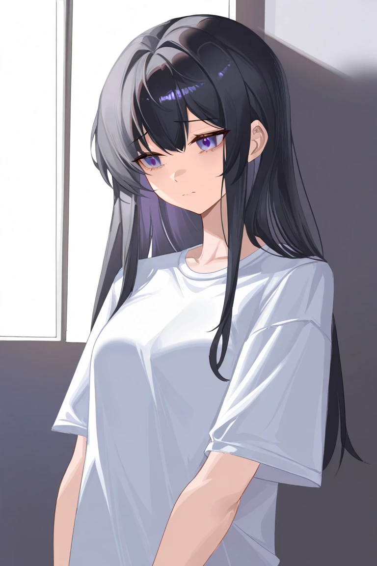 Side angle, (avert your eyes:1.5), Realistic, (Pale skin: 1.2), RAW Photos, Realistic, Portrait Photography, Shiny skin, korean Idols, Shiny Hair,(A 25-year-old woman with medium-length straight hair) and (Black Hair) and (brown eyes),smile, Background is an office room, summer outfit, white tank top, bare shoulders,((whole body:1.3)), wearing pants