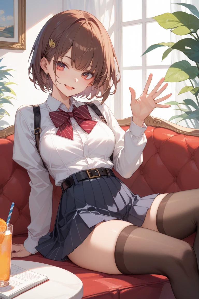 Katoumegumi, Megumi Katou, Brown Hair, short hair, (Brown eyes:1.5),happy smile, smile, Open your mouth, Red Tank Top Shirt,White long skirt,Black pantyhose,Stiletto heels,Open your mouth,sitting cross-legged on a chair,There is a computer and food on the table,interior,whole bodyがイラストに入るように,
break looking at viewer,whole body,
break indoors, office,
break (masterpiece:1.2), Highest quality, High resolution, unity 8k wallpaper, (shape:0.8), (Beautiful and beautiful eyes:1.6), Highly detailed face, Perfect lighting, Extremely detailed CG, (Perfect hands, Perfect Anatomy),