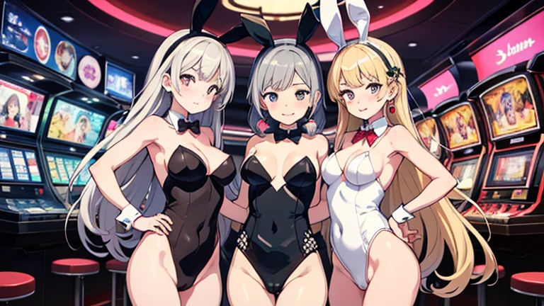 Bust Chart、Inner thighs、(Three Girls、3girls),blonde、Black Hair、Brown Hair、Bunny girl、White rabbit ears、Wrist cuff、Huge breasts:1.5、Saggy breasts:1.5、Long chest:1.3、Saggy breasts:1.5、Everyone please line up facing forward、(Mature Woman、Mature Woman:1.3)、casino、casinoルーム、casinoテーブル、White bunny suit、Black bunny suit、Light blue bunny suit