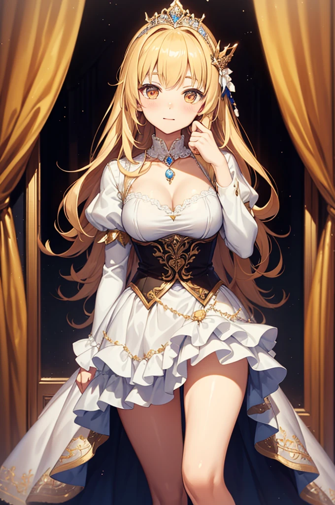masterpiece,8K,A woman with big tits,Gorgeous woman,transparent,Long blond hair,big hair,((hime cut)),Gorgeous jewelry,Crystal Hair Accessories,Cleavage,pubic,In front of the altar of the majestic church、(Blurred background)、Brighter light,(Elegant gloss)、Lots of ribbons、((Puffy sleeves))、Long cuffs,Multi-button、Gold embroidery、Long trains、White embroidered gloves、Five fingers、red cheeks