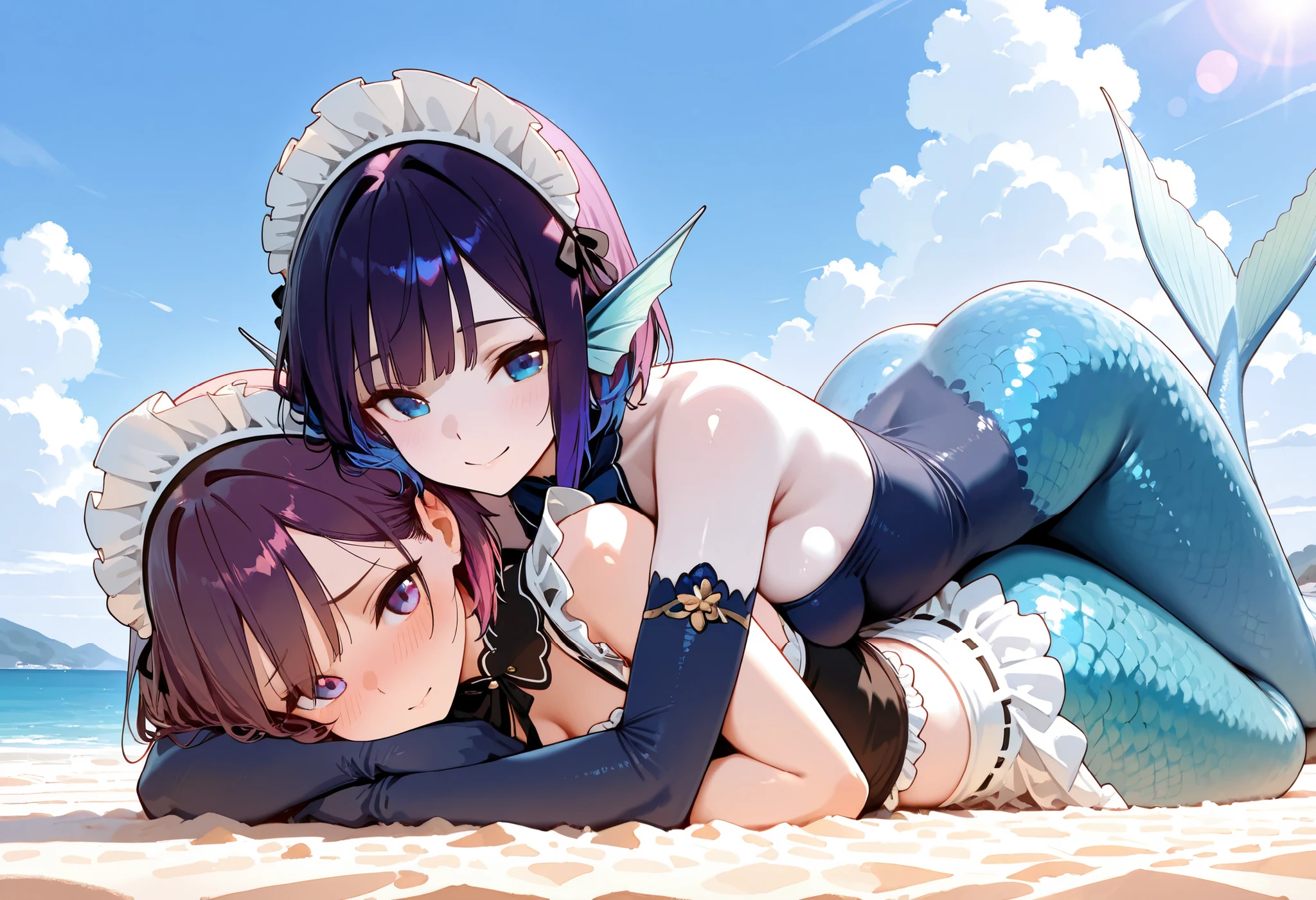 (masterpiece), (best quality), (ultra-detailed), (illustration), (an extremely delicate and beautiful), 2girl, ellenjoe, ellen joe, black hair, colored inner hair, multicolored hair, (red eyes:1.3), red hair, short hair, two-tone hair, BREAK bapron, black pantyhose, black shirt, black skirt, ear piercing, fins, fish tail, maid, maid apron, maid headdress, pantyhose, piercing, puffy short sleeves, puffy sleeves, shark girl, shark tail, shirt, short sleeves, skirt, tail, two-tone hair, wrist cuffs, beach, sand, gawr gura, gawr gura, sharp teeth, shark tail, gura_hoodie, blue hoodie, shark hood, shark hair ornament, gawrdef gawrsecond gawrthird gawrfourth gawrrnd, cheek-to-cheek,