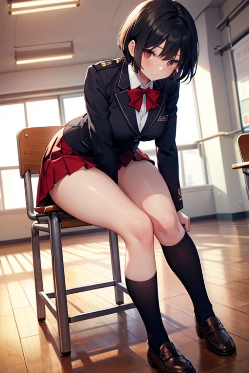 ( Absurd , high quality , Super detailed, Watch your hands,Pay attention to the shape of your legs )Black short hair,Red eyes,Small breasts,Long sleeve black sailor suit,Skirt length up to the knees,high school girl,In a school classroom,smile,Socks are above the knee,Black socks