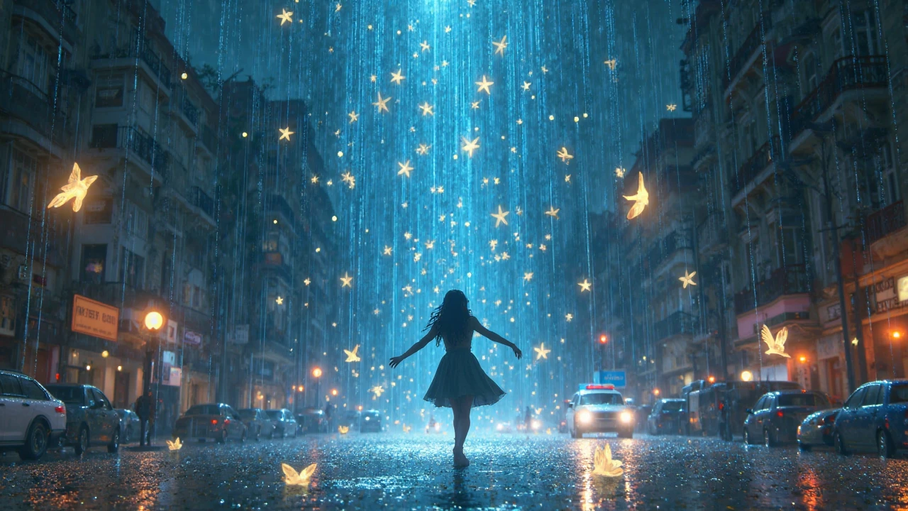 hyperrealistic, detailed, cinematic, 8k resolution illustration of a young, beautiful woman with flowing hair dancing in a rainy city street. She is wearing an elegant dress, smiling with her eyes closed, and her arms are outstretched, She is carefree, and the neon lights reflect in puddles on the wet pavement, blurred, dramatic, with warm light from street lamps illuminating the raindrops,