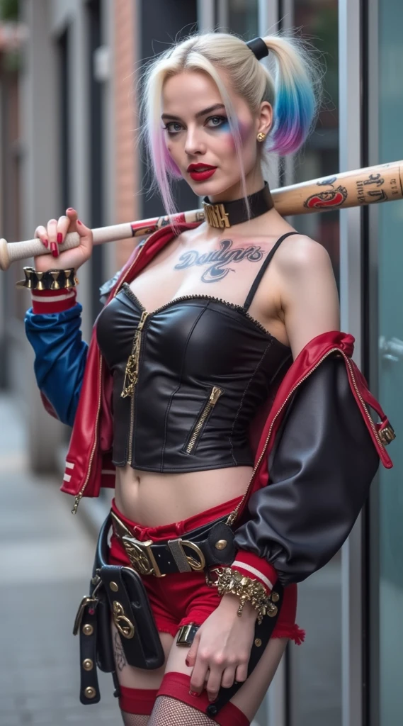 (masterpiece, rostro, vodel dbz, cup , photography), beautiful woman, full face photo,   with light eyes  , beautiful , beautiful and detailed face,  charming smile ,  beautiful   , Angelic look,  beautiful legs, large detail of her body and face in a sensual and  pose. Great detail of the background and surroundings. Beautiful girl with very , red lips, long loose hair, sensual. A woman with a cosplay inspired by Harley Quinn from DC Comics with a daring and  appearance, with a hairstyle of two high pigtails dyed in bright colors: one in electric blue and the other in fuchsia pink, on a platinum blonde base. She has very fair skin., intense blue eyes and lips painted in bright red. She wears comic-style makeup, with blush marked on the cheeks. Wear a set inspired by Harley Quinn: short red leather jacket with details in black, stars and decorative crosses, and a tight black corset with gold clasp. She wears black leather gloves and low-waisted red shorts with a decorative belt. Outdoor background with surrounding buildings with soft lighting. She holds a baseball bat in her right hand resting on her shoulder.