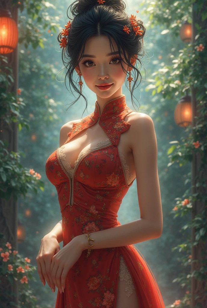 (best quality,4k,8k,highres,masterpiece:1.2),ultra-detailed,(best quality,realistic:1.2), lovely woman, Beautiful girl, red dress, skin tight dress, short black hair, field of poppy flowers, portrait, standing in an s-shape, lustful smile, seductive eyes, sexy breasts, ample breasts, curvy hips, sunset, play, joy, beauty, harmony, portrait, soft lighting, vibrant colors, HDR, 8k, absurdres, cinestill 800, sharp focus, add_detail:2, Ultra HD | | | ((Fullbody-shot)) add_detail:2 (1woman, solo)