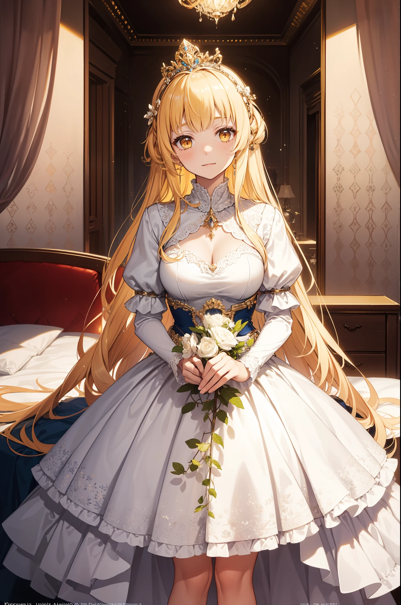 age Girl, charming,gorgeous,In Love ,sacred,( Yellow and White Princess Skirt :1.3),blond,klee, red eyes, Minimalism , Multi-layer exquisite ruffles ,Lots of Lace,( Lines on clothes :1.2),( Exquisite clothing :1.1),(Multi-layer Skirt ),Princess Crown, Perspective tulle garment , Beautiful detailed face , Bedroom scene in Western mythology, movie lights ,night,Single, Metallic Decoration ,lace,(shine:1.2), ( Best Quality ), (masterpiece:1.2)