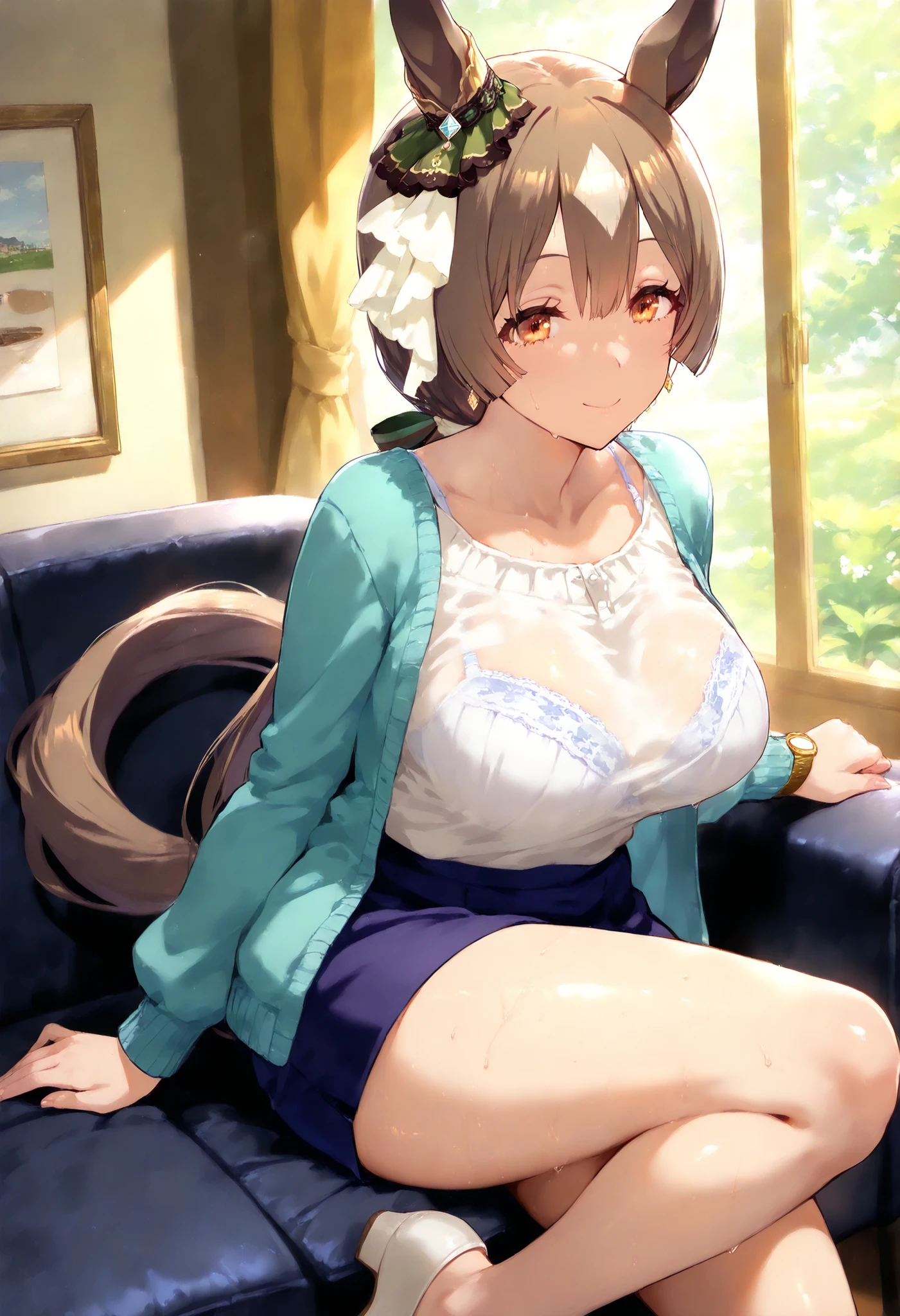 Satouno Diamond Umamusume, masterpiece, top quality,, score_9, score_8_up, score_7_up ,Bra, panties with DECOR,
Satono Diamond \(Uma Musume\),nsfw,mature woman, housewife, Mature Woman, Living Room, Sofaにis sitting, 1 girl, horse ears, earrings, , smile, horse tail, viewers,opening, cowboy shot, ,
, ,
chest, half-open, sweat,, , mature woman, room, Pose, 軽いsmile, white shirt, cardigan, miniskirt, thigh, , feet, , Sofa, is sitting, ,, casual with short hem_Clothes, 1 girl, solo, long hair, chest, viewers, , smile, bungs, , brown hair, , long sleeve, villages with, , closed mouth, clavicle, tail, , transparent shirt , , streaked hair, , , forward leaning posture, , full body, 黒いshoes下, shoes,