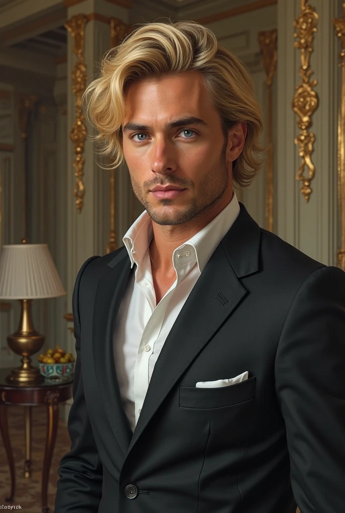 Imagine a 27-year-old man with a black shirt unbuttoned to the top buttons., well-combed blonde hair, gold crown with emeralds and green eyes