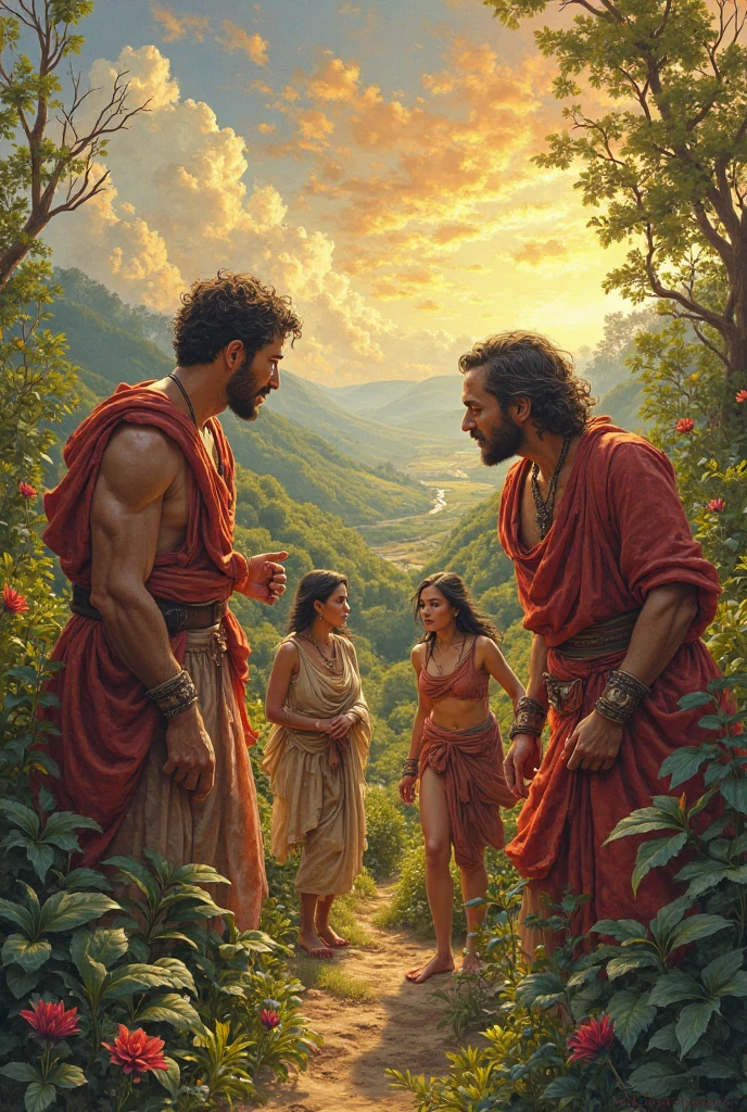 A male stoic philosopher with a well-proportioned and attractive physique, wearing classic tunics that gently drape over his body, subtly revealing parts of his shoulder. He stands in a lush, vibrant landscape filled with warm, impressionist colors. His expression is one of pained realization as he discovers his friend’s betrayal, but there is a hint of understanding and acceptance in his eyes. The friend is depicted with a soft, remorseful gaze, holding a dagger, but the scene focuses on the stoic’s inner strength and resilience. The background features flowing brushstrokes and dynamic colors that convey both the beauty and the sorrow of the moment, creating a scene that balances the emotion of betrayal with the stoic’s readiness to forgive and move forward.
