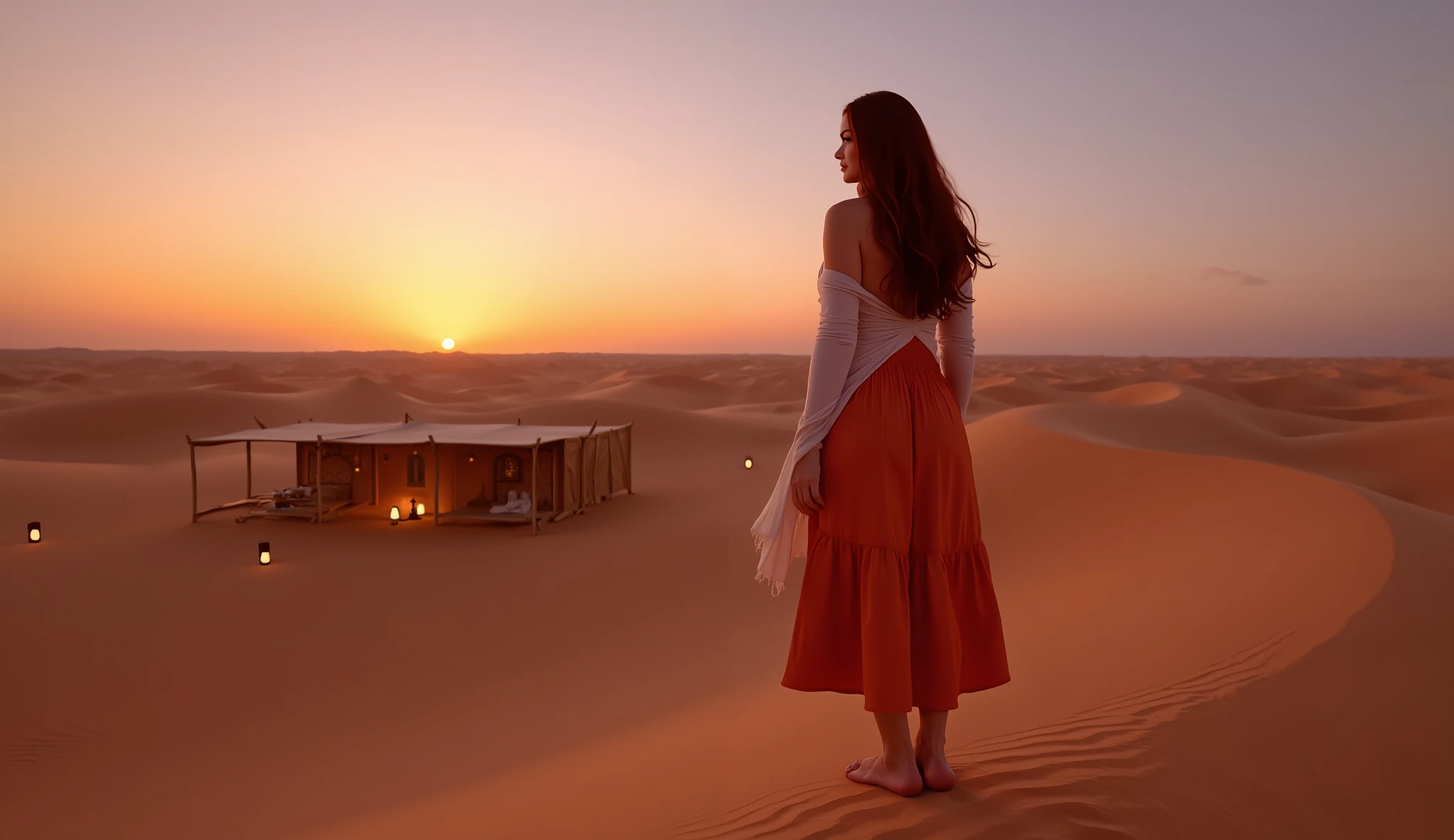 A **hyper-realistic, adventurous desert shot** of a **lightly curvy woman with long, wavy dark red hair and soft bangs**, standing atop a **golden sand dune in the Lompoul Desert, Senegal**, gazing out over the vast landscape as the **sun sets in brilliant shades of orange and pink**. She wears a **flowing burnt-orange maxi dress, her bare feet sinking slightly into the fine sand**, and a **light shawl draped over her shoulders, catching in the breeze**. The **sky transitions into deep indigo as the first stars appear**, and behind her, a **traditional Mauritanian-style tent camp with glowing lanterns and low wooden tables is set up for the night**. The atmosphere is **tranquil, mystical, and cinematic**, capturing the **serene beauty of the desert at twilight**.