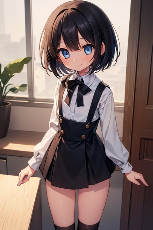This girl has a short bob haircut with bangs. This hairstyle gives a cute and youthful impression. It also emphasizes the shape of her face and the size of her eyes. She is wearing a long-sleeved dress with a peter pan collar and three buttons down the front. The dress has a flared skirt and she is wearing tights and flats. This outfit creates a retro and classic atmosphere.