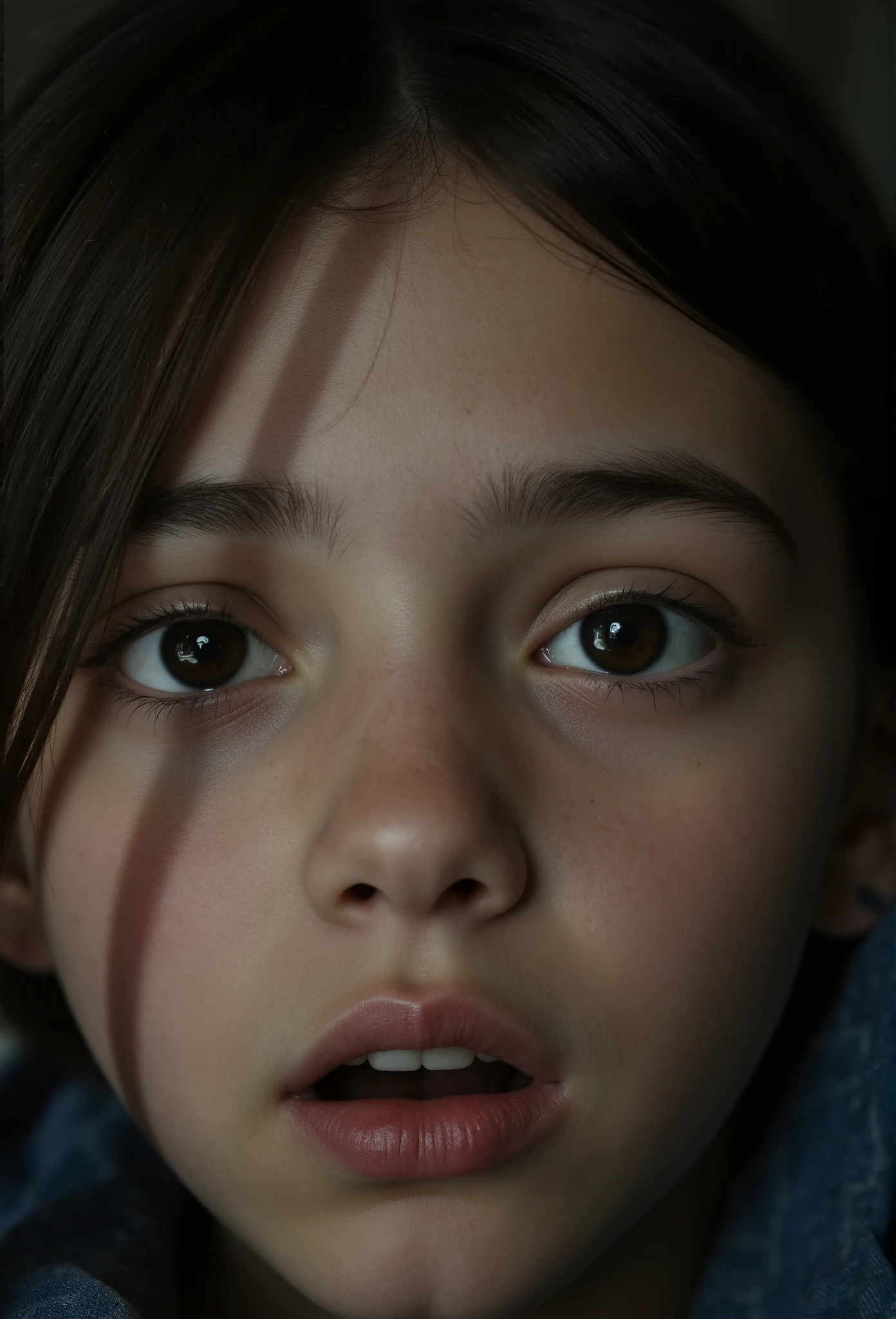 ( masterpiece , The best quality :1.2), 1 girl, Alone,pen_shadow, close up of the face, Scared, surprised, from above, Look at the viewer, pen_shadow on face, against the light