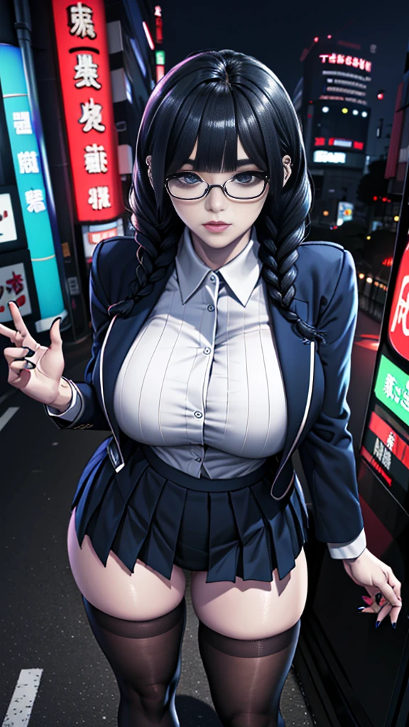 Bewitching anime busty woman in blue suit and tight skirt、Black tights、Inviting look、black top and brown hair,,,,Ecchi anime style,  Lean forward to show your chest,Kamimei,Red Light District at Night,neons、Career Woman