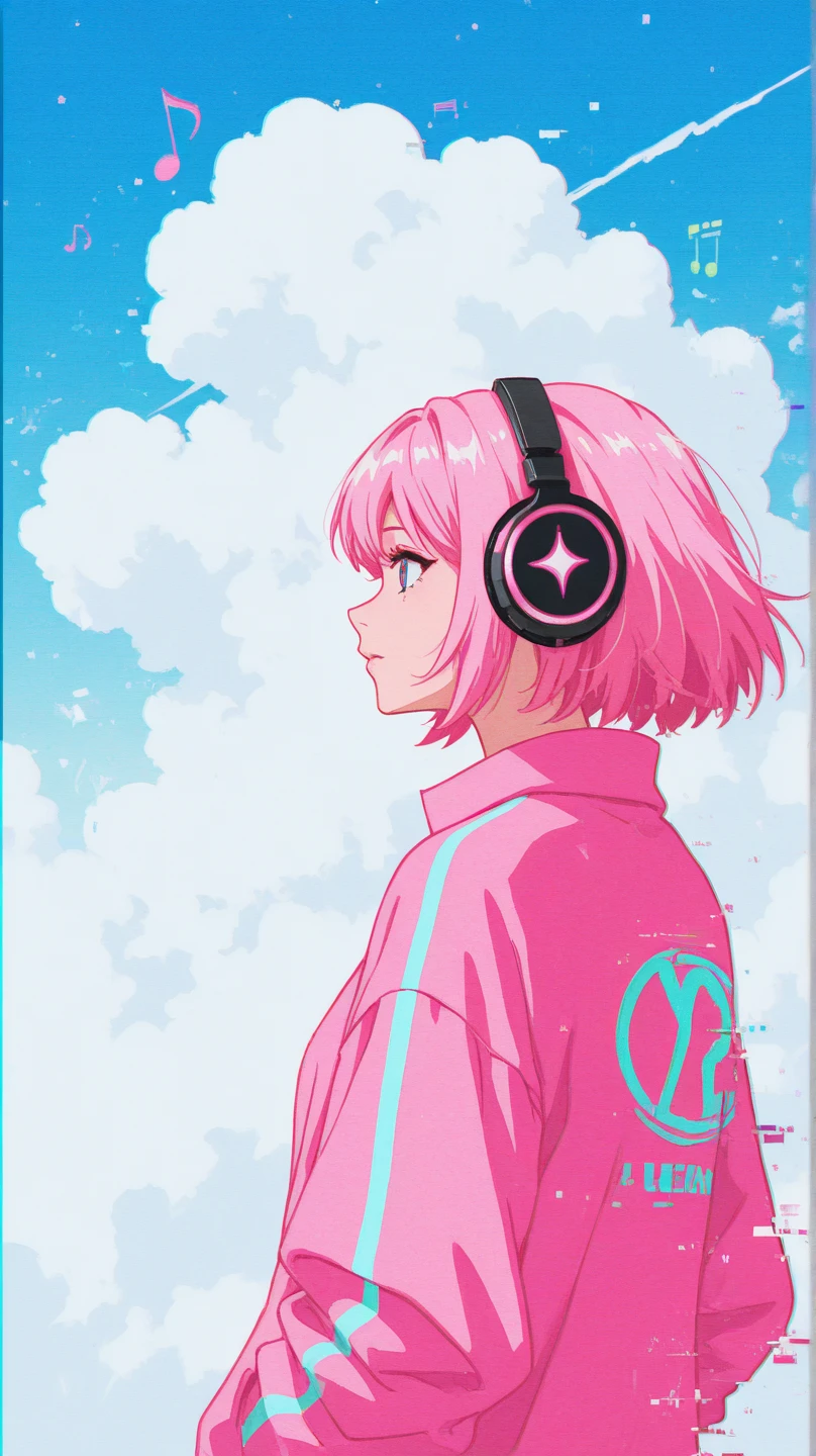 Cyber headphones, pink hair, pink jersey, striped panties, competitive spirit, anime, bob cut, showing buttocks, opening butthole with fingers, taking off pants