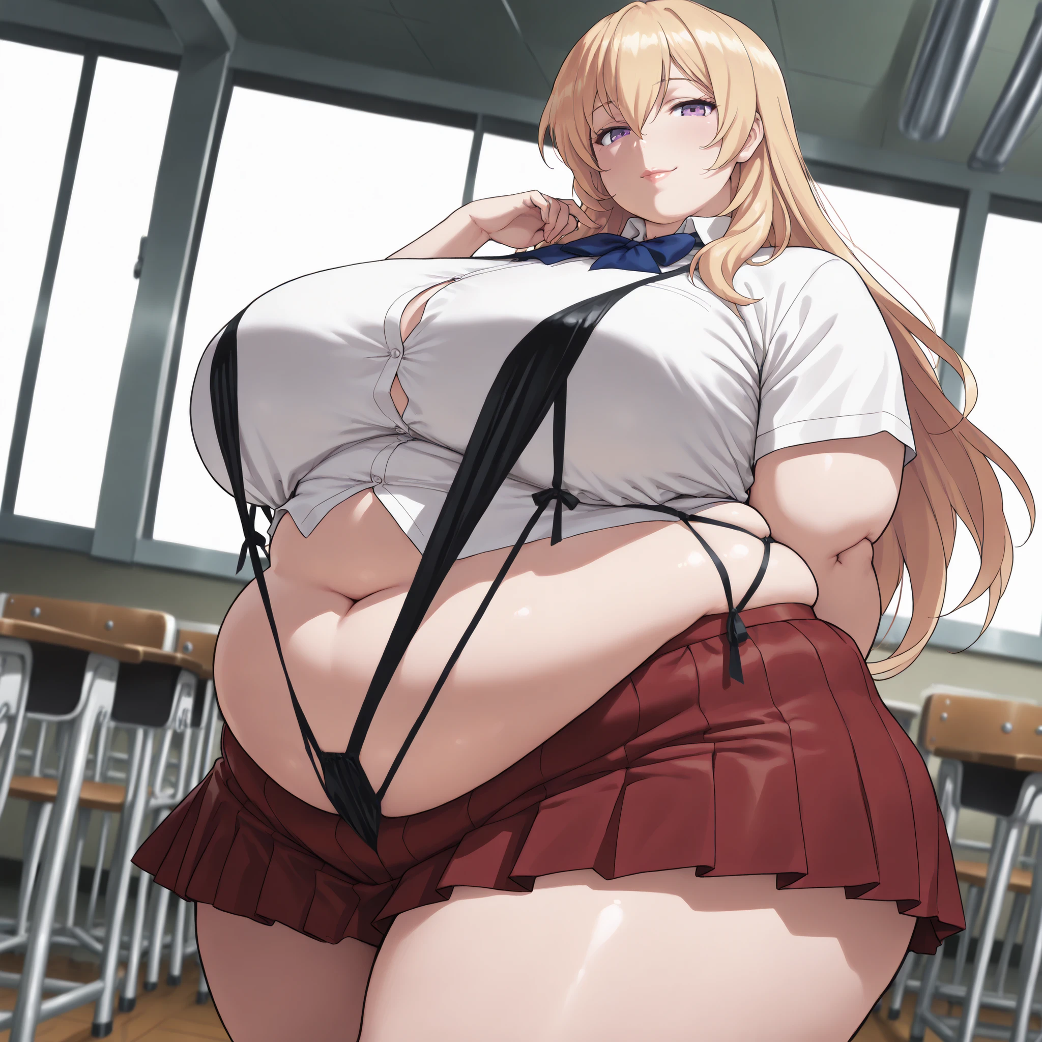 1 woman, beautiful mature woman, attractive detailed face, delicate facial features, detailed skin, huge breasts, slingshot swimsuit, hand behind back, looking seductive, ultra-detailed, (best quality,4k,8k,highres,masterpiece:1.2), cinematic lighting, octane render, 8k uhd, extremely detailed, intricate details, hyper realistic, high definition, sharp focus, ,compositionmuted colors, skin pores, score_9, score_8_up, score_7_up, (cowboy shot, dutch angle:1.2), score_9, score_8_up, score_7_up, source_anime,
honamiichinose, honami ichinose, long hair, blonde hair, purple eyes, hair between eyes,
skirt, bow, school uniform, pleated skirt, bowtie, blue bow, red skirt, collared shirt, white shirt, short sleeves,
indoors, classroom, smile,
looking at viewer, dutch angle, cowboy shot, (negative_v2 Color_Balance_Calibration:0.8), negativeXL_D, aidxlv05_neg, Stable_Yogis_Animetoon_Negatives, chubby, chubby girl, curvy, large breasts, lips, plump, thick thighs, thighs, (((oversized gigantic stomach)), curvy, large breasts, lips, plump, thick thighs, thigh, immobile