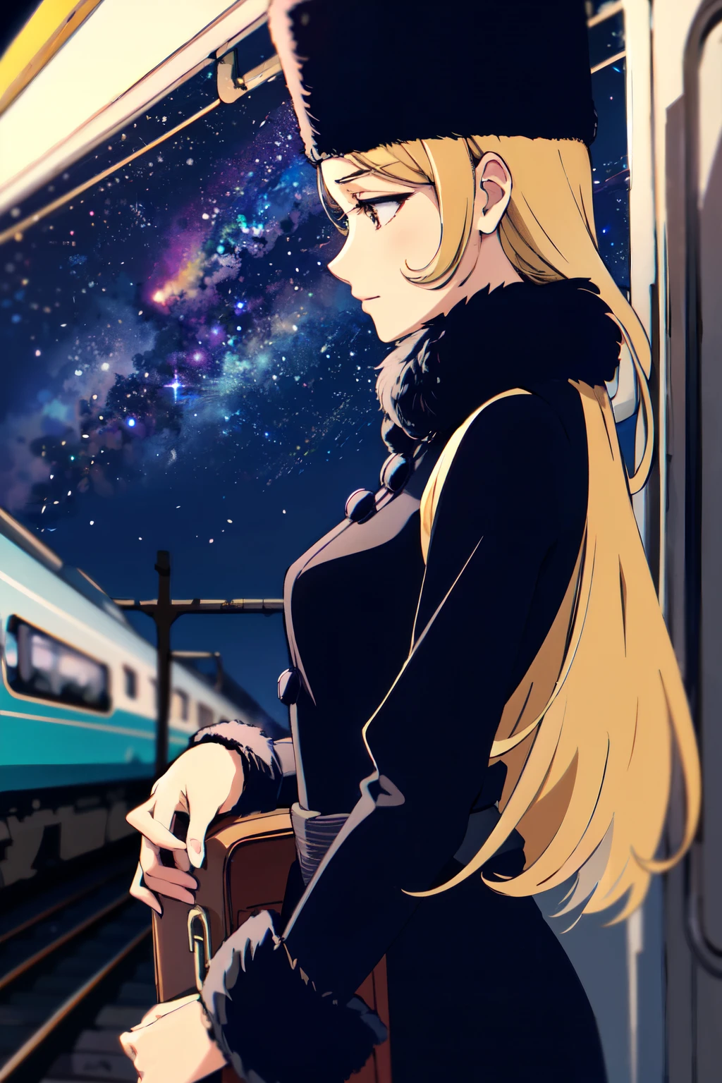masterpiece , high resolution , 4K , High detail , High Quality , High detailed background , photorealistic , backlight , midnight , galaxy express 999 , Galaxy Image , starry sky , Railroad to the Galaxy , 1 girl , At the station , Look for others , (Profile:0 . 5) , Train Conductor  , Dark Eyes , small breasts , (close your eyes:0 . 3)  travel bag  , upper body , Previous phone number , long hair ,  Gold , fur trim , black headwear , fur hat , long boot dress black ,