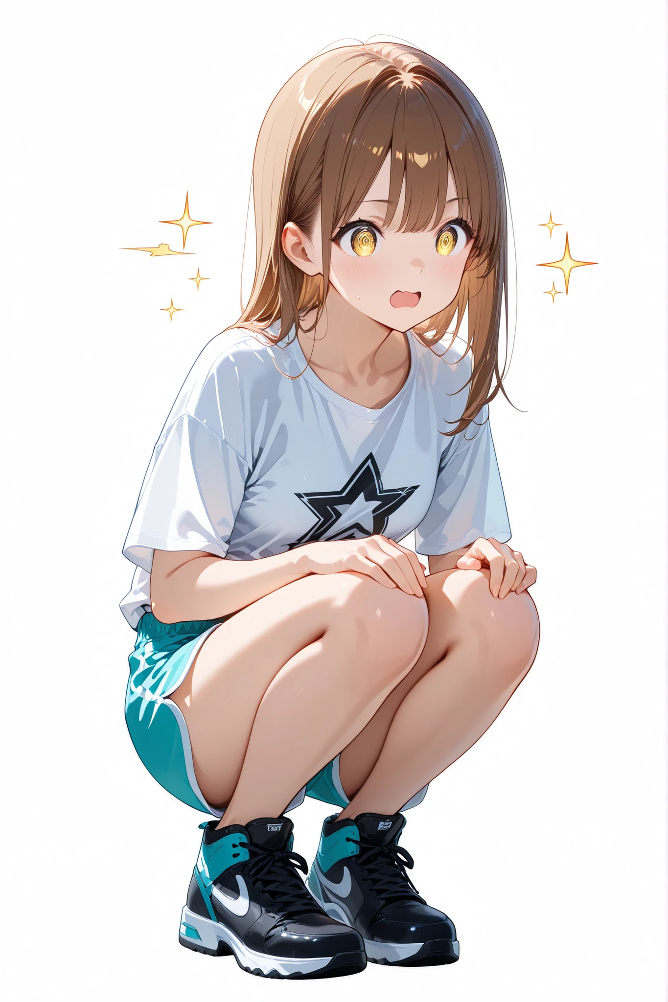 (((1girl))), ((best quality)), ((masterpiece)), ((ultra-detailed)), (illustration), (detailed light), (an extremely delicate and beautiful), (beautiful detailed eyes), (sunlight), ((extremely light)), ((extremely clothes)), (((hyper detail))),(((((front lighting))))),(((((front light))))),
((((quite adorable white and black gym uniform)))),
,
wavy long hair, ((((dark brown hair)))), (((long hair))),
(((deep orange eyes))),
whole body, aged 13 to 16,
(((condescending expression))), (mischievous smile with sexual satisfaction), (((extra adorable))), (((extra slender shape))),
(((extremely beautiful detailed face))),
(((squatting))), (((((Dutch angle))))),
((())), ((fetish)), ((sexy and erotic)), ((girly)),
(((extremely thin thighs))), (((crystal white ankle socks))), ((sneakers))