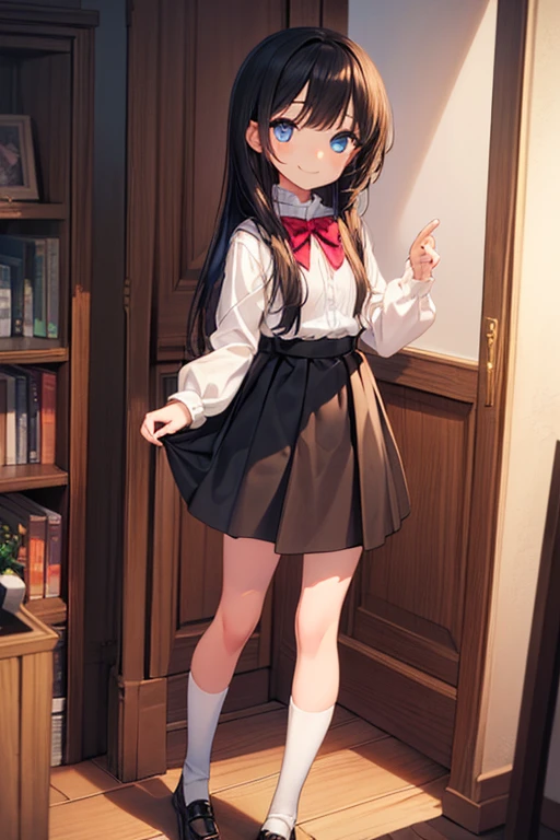 top-quality,masutepiece,fullnude,look down on, Upper body,Strands of hair,Classroom,tiny chest、Take off your uniform, Bow, Red bow, Long sleeves, Shirt, Collared shirt, Skirt, Pleated skirt, Black skirt, tiny chest、looking at the viewers, BREAK (masutepiece:1.2), Best Quality, High resolution, Unity 8k壁纸, (Illustration:0.8), (Beautiful detailed eyes:1.6), extra detailed face, Perfect Lighting, extremely details CG, (Perfect hands, Perfect Anatomy),A smile、(Skirt lift:1.3), (Strawberry print panties:1.3)、(Skirt that rolls up:1.3)、(Fully exposed panties:1.5)