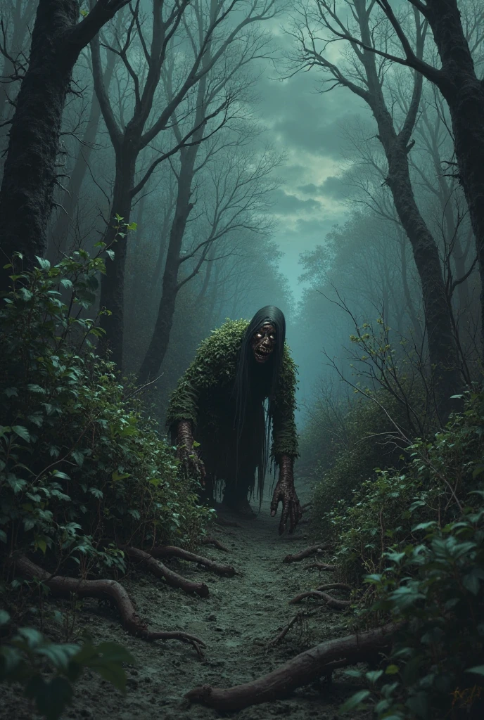 Ugly girl, whole body, horror, broken, curved, sky, fog, smoke, dark forest, shadowcreature, This is Junji, masterpiece, super high resolution, high quality, cinema lighting, 16K, Computer graphics from films, grainy, Suffocating,