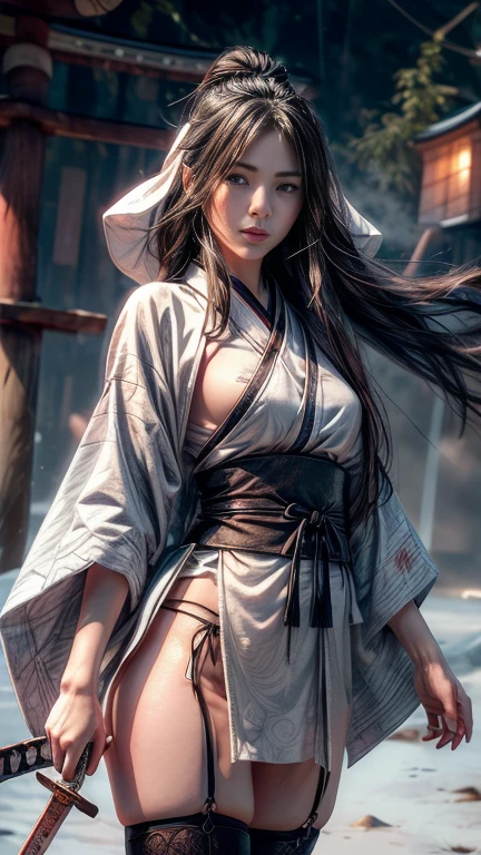 (Positive Focus)、(in the darkness nigth:1)、(beste-Qualit)、(Realisticity:1)、realistic skin textures、Extremely detailled、32k wall paper、volume illumination、Dynamic lighting、hand guard、veils、Ancient Japanese Wind、Escape Action、run、scape、Chased、 Waist dagger、Semi-crouched attack stance、Clothes torn、ancient Japanese battlefield、Group of ancient soldiers chasing and killing、Flying arrows、bio、nights、dramatic compositions、sayaairie、((Flat Chest)),((A beautiful girl)),(Are thin),(professional lighting),(No underwear),((Beautiful Eyes)),(A plain ancient Japanese kimono in navy blue),(The beautiful balance of the left and right pupils),The Mountains and Fields of the Battlefield,A Beautiful Warrior Skilled with the Sword,