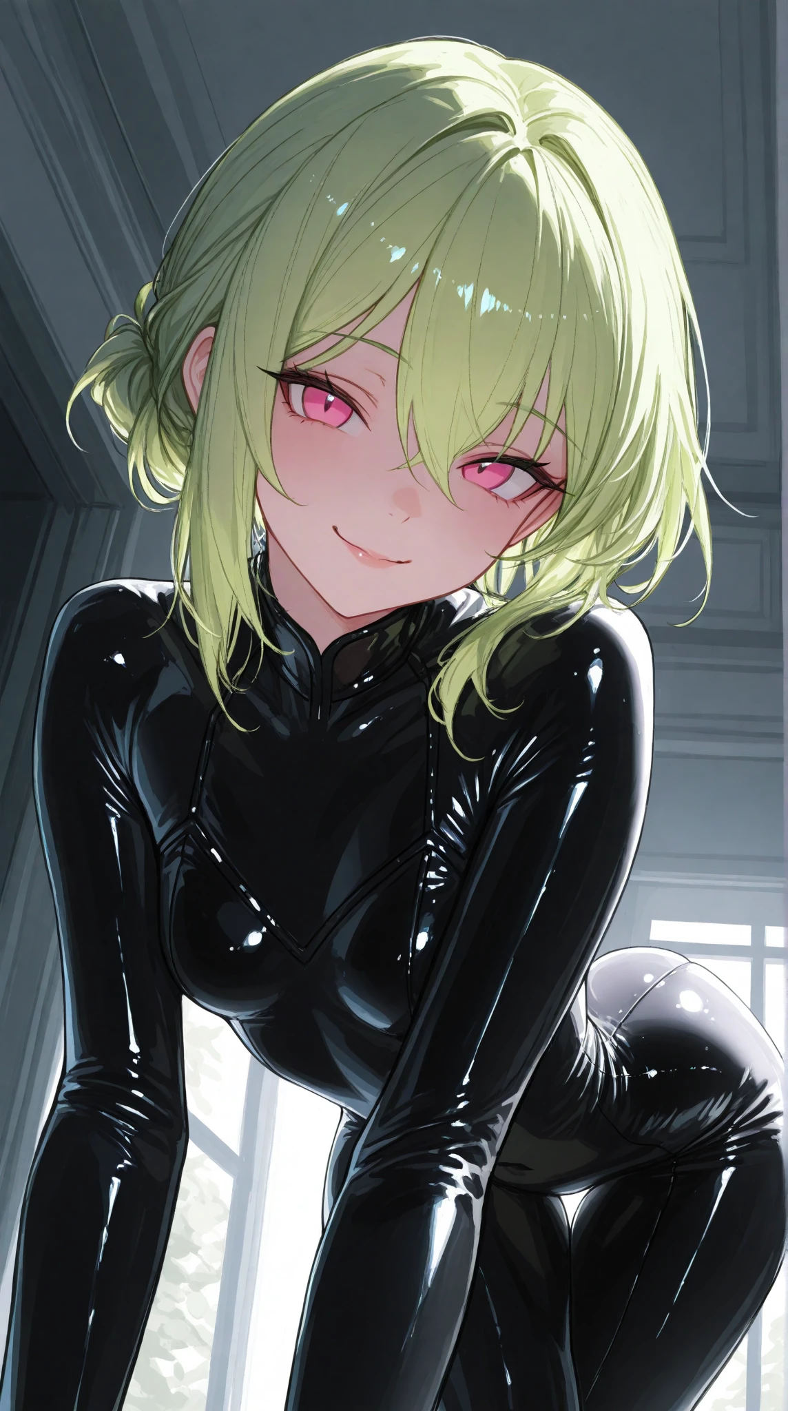 NSFW, 1Woman, ((best quality)), ((masterpiece)), (detailed), beautiful face, (defiance512:1.2), (((sexy latex outfit))), (((bangs hairstyle))), (((succubus))), (((black latex fishnet clothing))), (((long black latex gloves))), (((stomping with boots pose))), (((high leather boots))), big green eyes, ((blush cheeks)), (((evil smile expression))), (((nose ring))), (((dark eyeshadow))), (((lip piercing))), (((turquoise coloured hair))), (((medium length hairstyle))), (((bright glowing hypnotic green eyes))), intense seductive gaze, contrasting soft skin, (lighting:1.2), 4:3 aspect ratio, (((camera looking up at boot))), medium size concealed 
