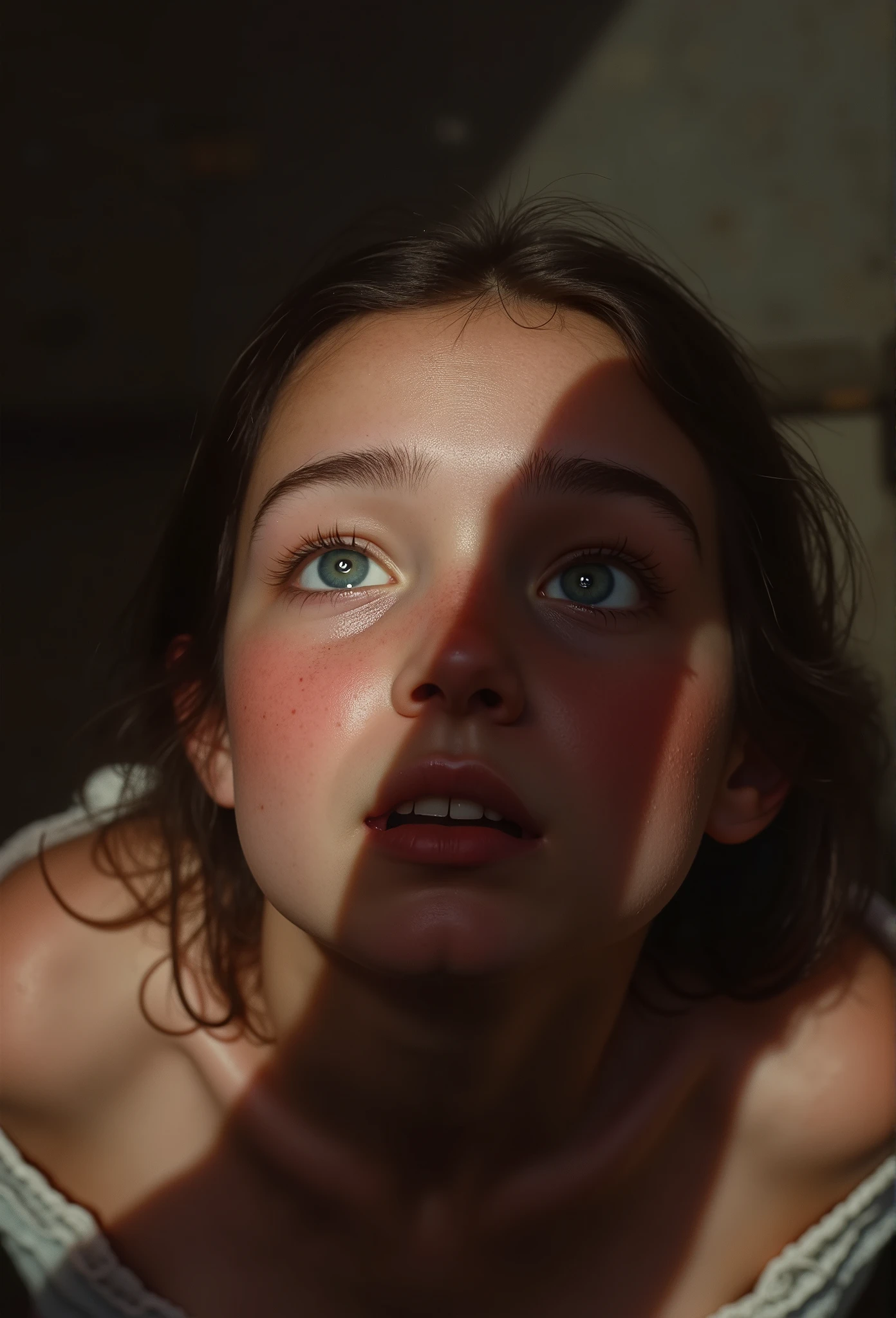 a beautiful girl, kneeling in front of the viewer, huge shadow of a penis over her face, she gazes up at the penis in awe, detailed facial features, photorealistic, dramatic lighting, high quality, 8k, hyper detailed, masterpiece.