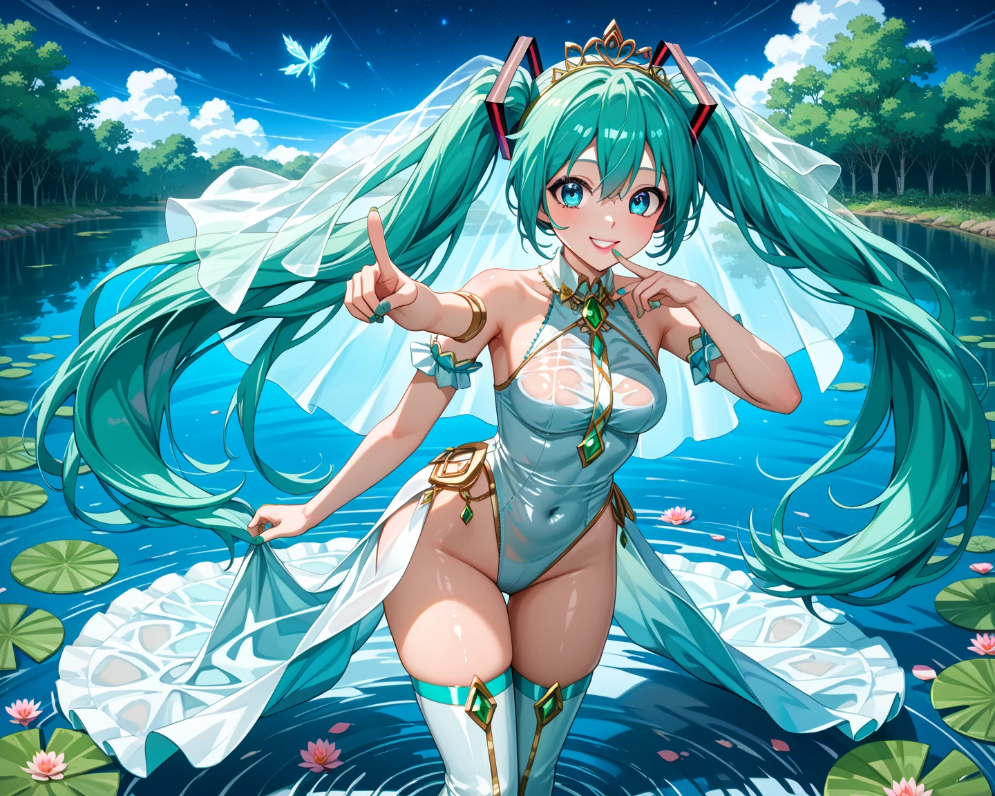 looking back,low angle,from below,(beautiful pink and green butterflies all over the place),
((masterpiece:1.4, best quality)), ((masterpiece, best quality)),low angle,beautiful pony tail silver green hair,beautiful pink eyes,little cute girl,wet full body, bathing in the water,water falls,water splash,lovely laugh,denim shorts,pink and green baseball cap, ((pink and green elegant summer bikini)), (Lace chalker, wristband, diamond necklace,earrings),cinematic lighting and pause,beautiful natural mysterious park,night sky,full moon,(beautiful pink and green butterflies all over the place),