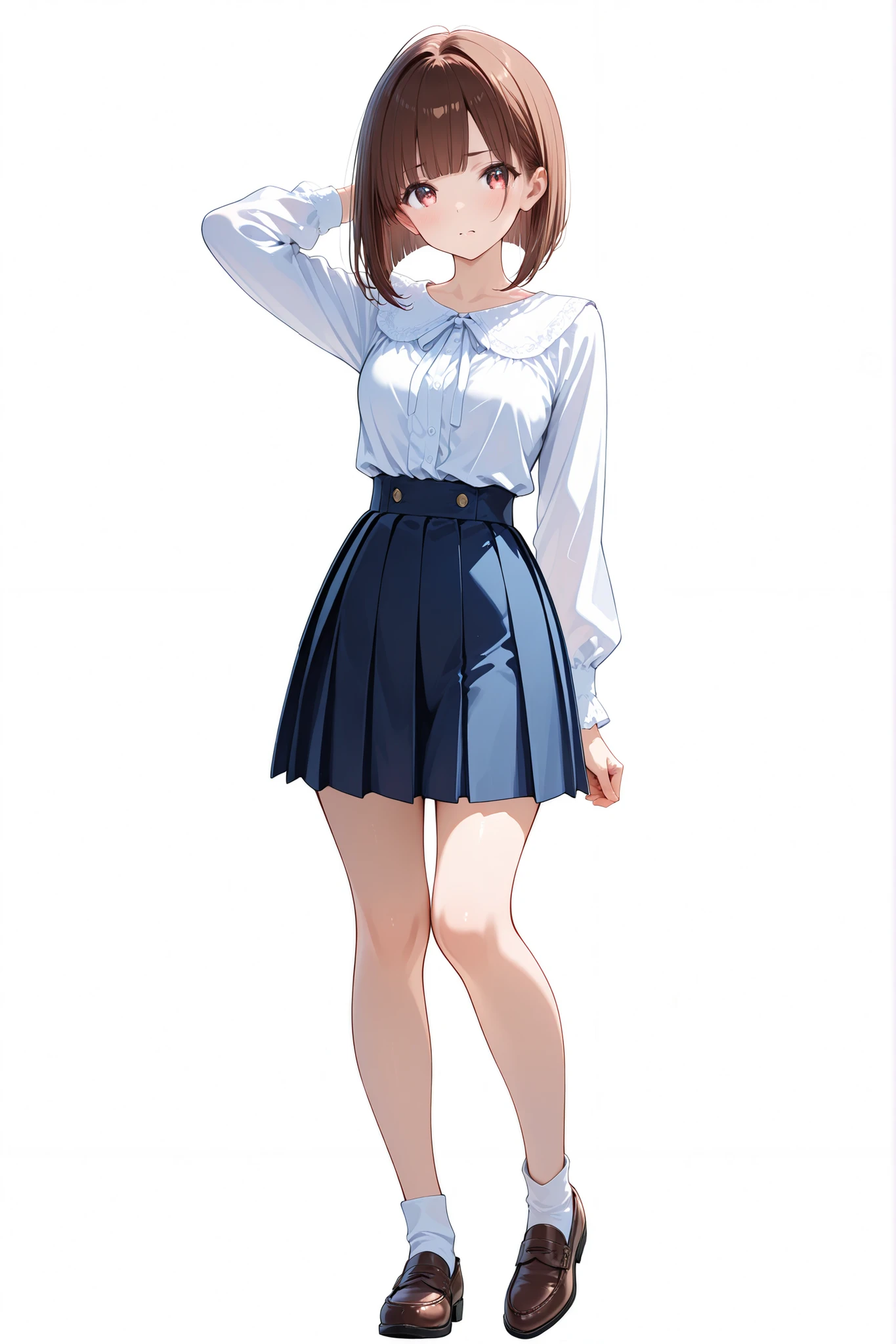 female standing with one hand behind head, flat bust, medium bob with bangs, blouse and pleated skirt, bashful expression, full body in frame, transparent background
